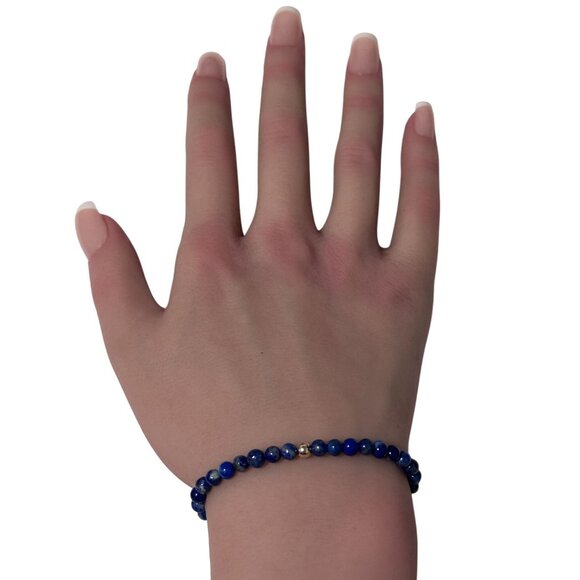 Lapis Lazuli Gemstone Beaded Stretch Bracelet with 14K Gold Accent Bead Handmade - Picture 6 of 6